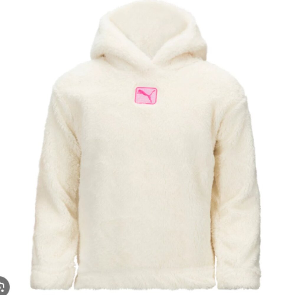 Girls Puma Super Soft Sherpa Fleece Hooded Pullover Shirt Top Off White M 8/10